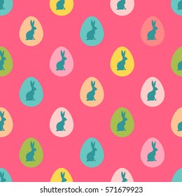 Seamless Easter pattern. Colorful season texture with cute colorful rabbits and eggs. Tiling spring background. Holiday wrapping paper, vector design