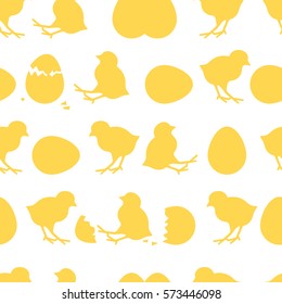Seamless Easter pattern. Colorful season texture with chickens and eggs. Tiling spring background. Holiday wrapping paper, vector design