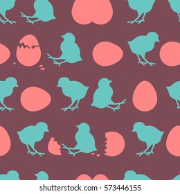 Seamless Easter pattern. Colorful season texture with retro colored chickens and eggs. Tiling spring background. Holiday wrapping paper, vector design