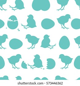 Seamless Easter pattern. Colorful season texture with chickens and eggs isolated on white. Tiling spring background. Holiday wrapping paper, vector design