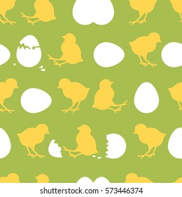 Seamless Easter pattern. Colorful season texture with chickens and eggs. Tiling spring background. Holiday wrapping paper, vector design