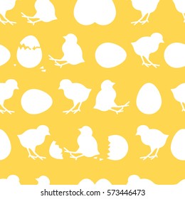 Seamless Easter pattern. Colorful season texture with chickens and eggs. Tiling spring background. Holiday wrapping paper, vector design