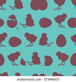 Seamless Easter pattern. Colorful season texture with chocolate chickens and eggs. Tiling spring background. Holiday wrapping paper, vector design