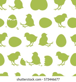 Seamless Easter pattern. Colorful season texture with chickens and eggs. Tiling spring background. Holiday wrapping paper, vector design