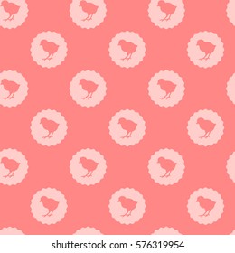 Seamless Easter pattern. Colorful season texture with chickens and labels. Tiling spring background. Holiday wrapping paper, vector family design