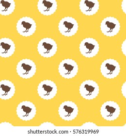 Seamless Easter pattern. Colorful season texture with isolated chickens and white labels. Tiling spring background. Holiday wrapping paper, vector family design