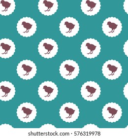 Seamless Easter pattern. Colorful season texture with isolated chickens and white labels. Tiling spring background. Holiday wrapping paper, vector family design