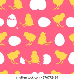 Seamless Easter pattern. Colorful season texture with chickens and white eggs. Abstract tiling spring background. Holiday wrapping paper, vector design