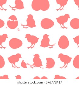 Seamless Easter pattern. Colorful season texture with chickens and eggs. Abstract tiling spring background. White holiday wrapping paper, vector design