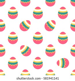 Seamless Easter pattern. Colorful season texture with cute painted eggs isolated on white. Tiling spring family background. Abstract festive ornament. Holiday wrapping paper, modern flat vector design