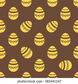 Seamless Easter pattern. Colorful season texture with cute painted eggs isolated on brown. Tiling spring family background. Abstract festive ornament. Holiday wrapping paper, modern flat vector design