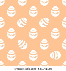 Seamless Easter pattern. Colorful season texture with cute white isolated painted eggs. Tiling spring family background. Abstract festive ornament. Holiday wrapping paper, modern flat vector design