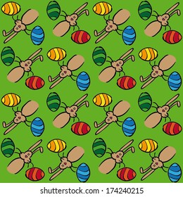 Seamless Easter pattern with colorful striped eggs and rabbits on green background. Fully editable .eps 10 pattern/background on different layers