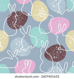 seamless Easter pattern. Contoured rabbit and textured Easter eggs on a grey background. stock vector illustration. EPS 10.