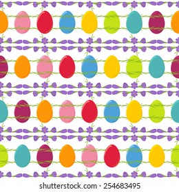 Seamless Easter pattern with crocus flower and colorful easter eggs in blue, yellow, green,red,violet,orange,pink on white background.Perfect for decorating greetings, invitations, gift wrapping paper