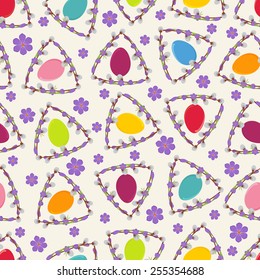 Seamless Easter pattern with crocus flower,pussy willow and colorful eggs in blue,yellow,green,red,orange,pink on beige background.Perfect for decorating greetings,invitations, gift wrapping paper