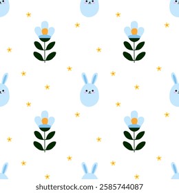 Seamless Easter pattern with cute blue bunny faces, flowers, and tiny yellow blossoms on white. Perfect for wrapping, fabric, greeting cards, and spring designs.