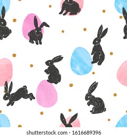 Seamless Easter pattern with cute bunnies and watercolor eggs.