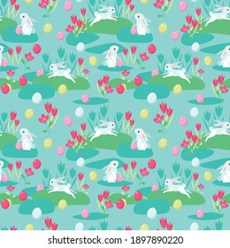 
Seamless Easter pattern. Cute bunnies in flowers.