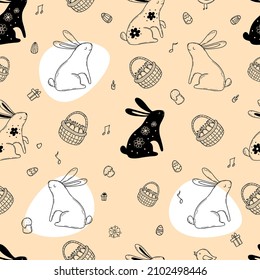 Seamless Easter pattern. Cute Easter bunnies, Easter basket, eggs and flowers, Easter cakes and gifts on beige background. Vector illustration. Outline drawn doodle style for design and decor