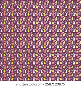 Seamless Easter pattern with cute bunnies, decorative eggs, and bows on a purple background. Perfect for wrapping paper, textiles, greeting cards, and festive designs. High-resolution and ready to use