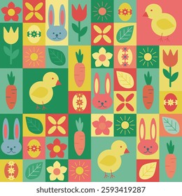 Seamless Easter pattern with cute bunnies, chicks, decorated eggs, flowers, and carrots in a geometric modular design, featuring bright spring colors. Vector modular geometric illustration