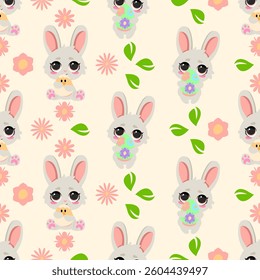 Seamless Easter pattern with cute bunnies, baby chicks, flowers, and green leaves on a soft pastel background. Perfect for holiday decor, wrapping paper, greeting cards, textiles