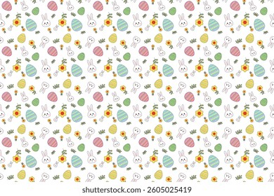 Seamless Easter pattern with cute bunnies, colorful eggs, and spring flowers on a white background. Rabbits, floral elements and pastel eggs illustration in flat design.