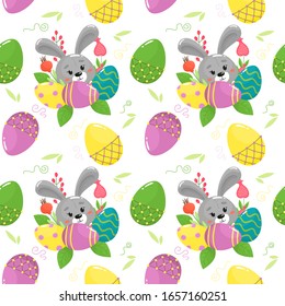 Seamless easter pattern with cute bunny and decor from herbs and eggs. Vector pattern in cartoon style.