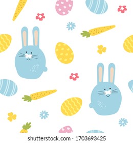 Seamless easter pattern with cute bunny, easter eggs, flowers, carrots. Vector illustration of nature in doodle style.