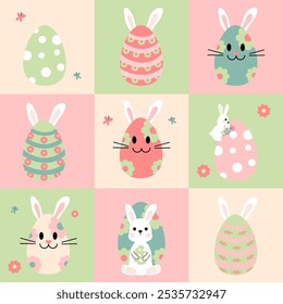 Seamless easter pattern with cute bunny eggs. Vector background with easter eggs, rabbits and color pastel.