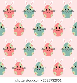 Seamless easter pattern with cute bunny eggs. Vector background with easter eggs, rabbits and color pastel.