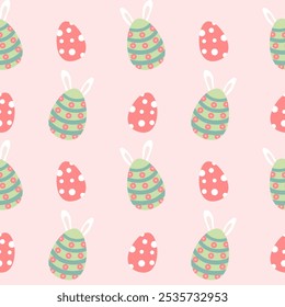 Seamless easter pattern with cute bunny eggs. Vector background with easter eggs, rabbits and color pastel.