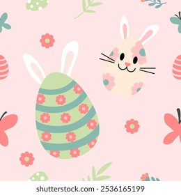 Seamless easter pattern with cute bunny. eggs Vector background with easter eggs, rabbits, and flowers.