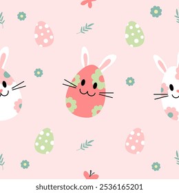 Seamless easter pattern with cute bunny. eggs Vector background with easter eggs, rabbits, and flowers.