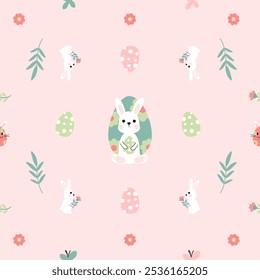 Seamless easter pattern with cute bunny. eggs Vector background with easter eggs, rabbits, and flowers.