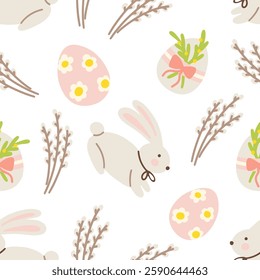 Seamless Easter pattern with cute bunny, eggs, and spring plants vector illustration