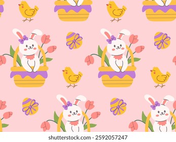 Seamless Easter pattern with cute bunny in a basket, yellow chicks, tulips, and decorated eggs on a pink background, perfect for festive designs, cards, and spring-themed projects.