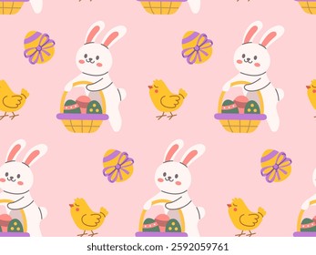 Seamless Easter pattern with cute bunny holding a basket of colorful eggs, yellow chicks, and decorated eggs on a pink background, perfect for festive designs, greeting cards, and holiday decor.