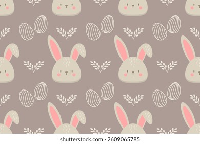 Seamless Easter pattern with cute bunny faces, outlined eggs, and floral elements on a soft brown background. Adorable spring design perfect for kids and festive wrapping