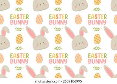 Seamless Easter pattern with cute bunny faces, striped eggs, green leaves and "Easter Bunny" text in soft pastel colors. Perfect for kids products, holiday decorations, and spring-themed designs