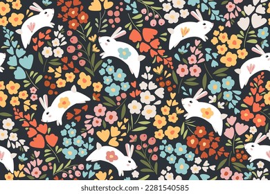 Seamless Easter pattern with cute cartoon bunny rabbit, colorful spring flowers