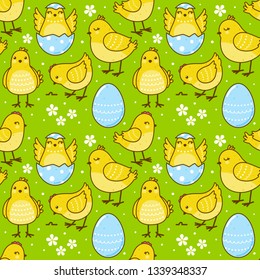 Seamless Easter pattern with cute chickens