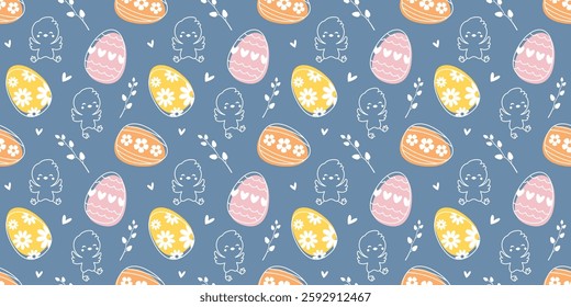 Seamless Easter pattern with cute chicks, decorative eggs with floral ornaments, flowers, spring branches on blue background. Illustration for greeting cards, packaging, textiles, and festive design