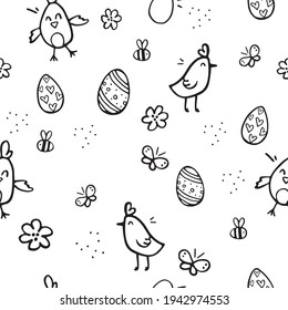 Seamless easter pattern with cute hand drawn chickens, spring flowers, ornate eggs, bees, butterfies. Vector doodle illustrations background, wallpaper. Isolated on white coloring page.