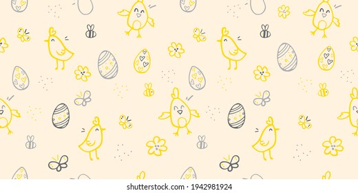 Seamless easter pattern with cute hand drawn chickens, spring flowers, ornate eggs, bees, butterfies. Vector doodle illustrations background, wallpaper. On peach background yellow and grey drawings.