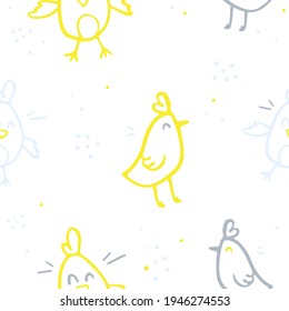 Seamless easter pattern with cute hand drawn chickens smiling. Colorful drawings. Vector doodle illustrations background, wallpaper, fabric, textile. Isolated on white.