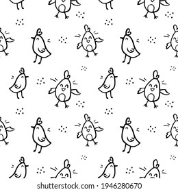 Seamless easter pattern with cute hand drawn chickens smiling. Vector doodle illustrations background, wallpaper, fabric, textile. Isolated on white, for coloring page, book.