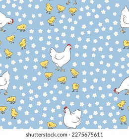 Seamless Easter pattern with cute hens and chickens. Vector chicks background