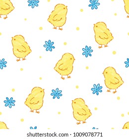 Seamless Easter pattern with cute yellow chickens and blue flowers.